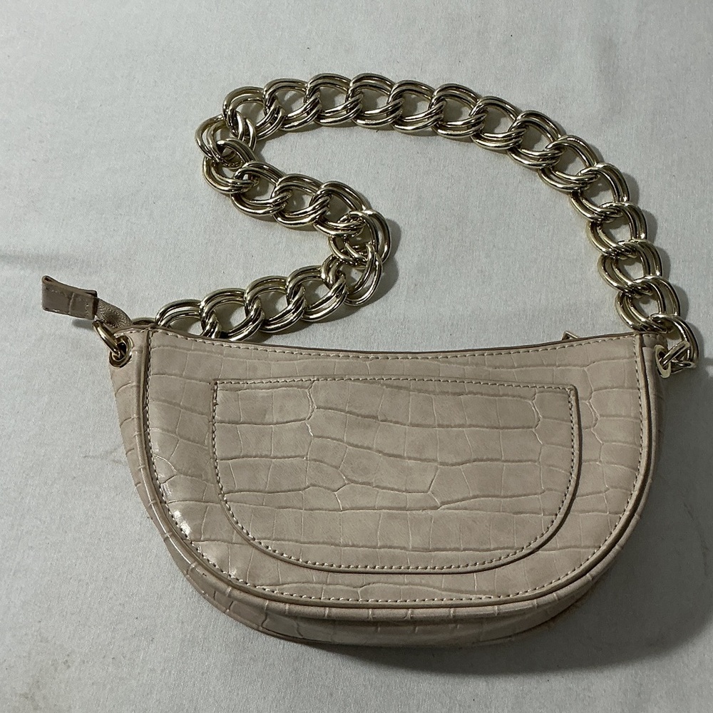 Zara Cream Croc-Embossed Shoulder Bag with Gold Chain